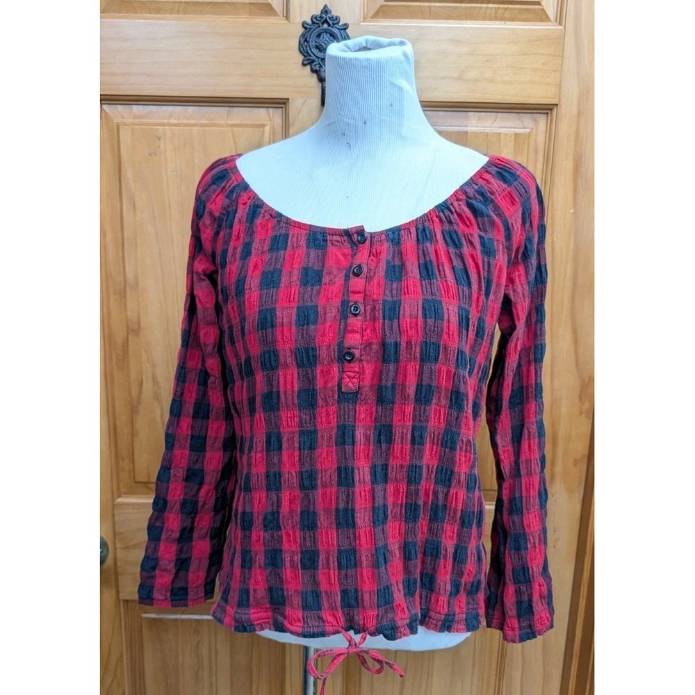 Miley Cyrus Women XL Top Red Black Buffalo Check Peasant Hippie Blouse Pullover